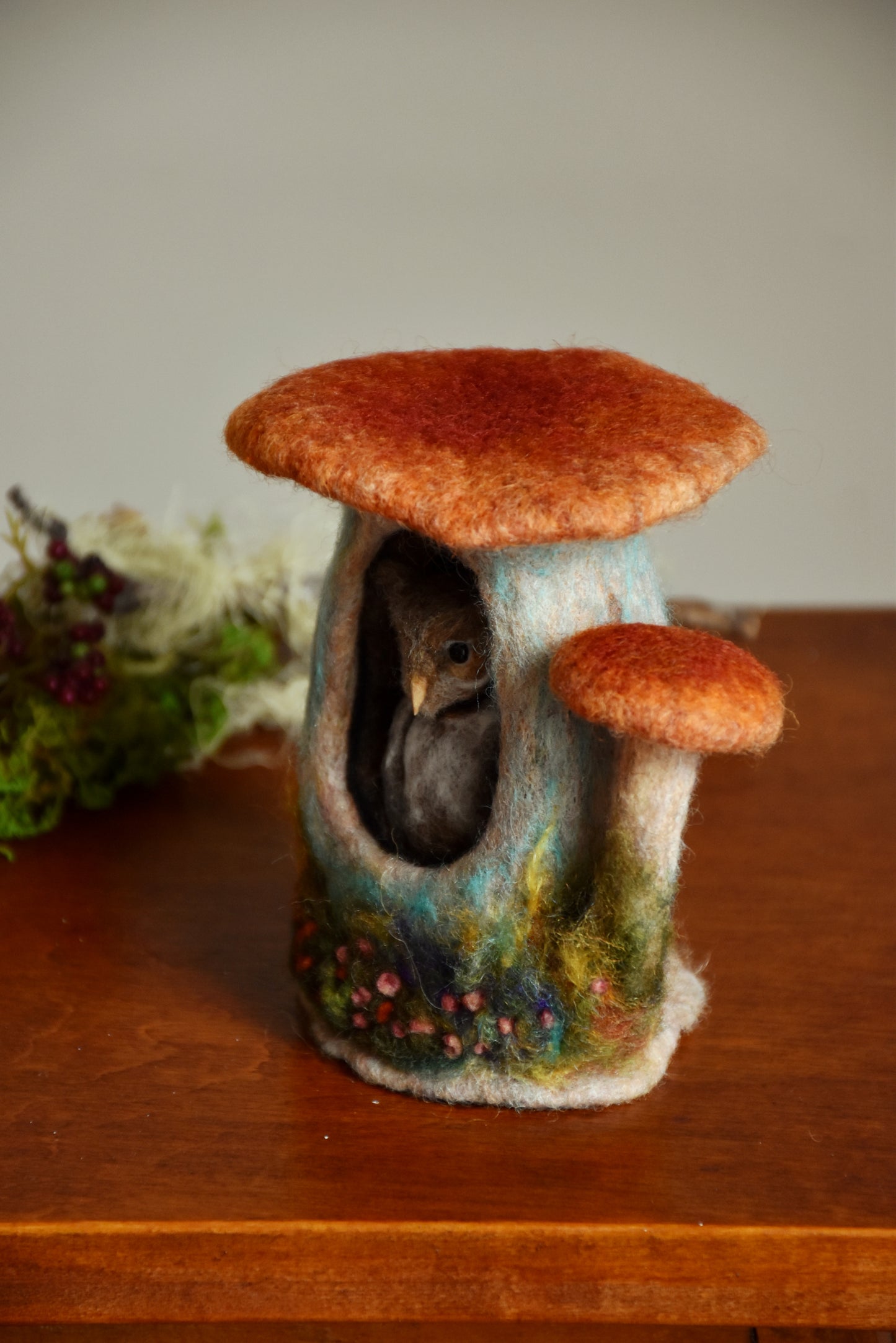 Needle Felted Barn Owl sleeping inside Mushroom