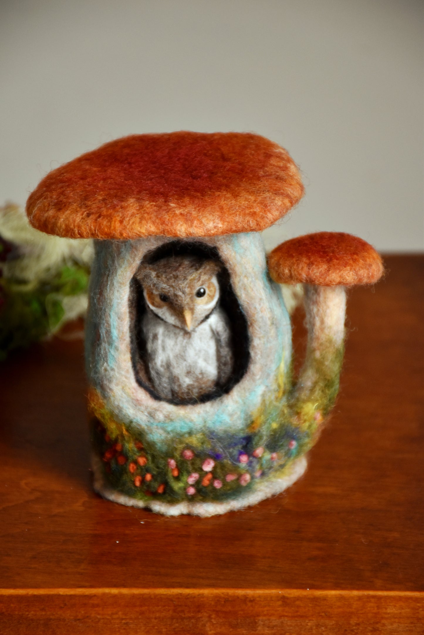 Needle Felted Barn Owl sleeping inside Mushroom