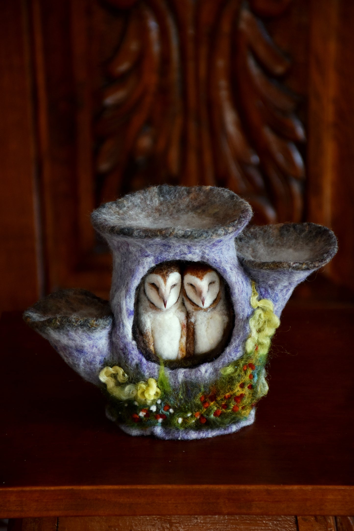 Needle Felted Couple of Barn Owls sleeping inside Mushroom