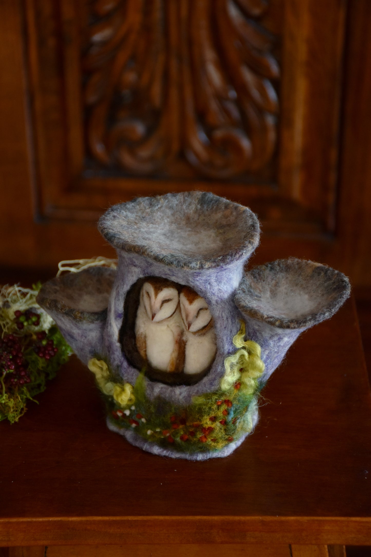 Needle Felted Couple of Barn Owls sleeping inside Mushroom