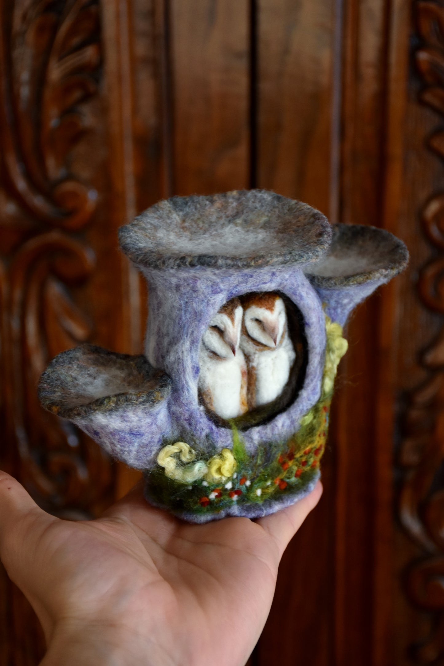 Needle Felted Couple of Barn Owls sleeping inside Mushroom