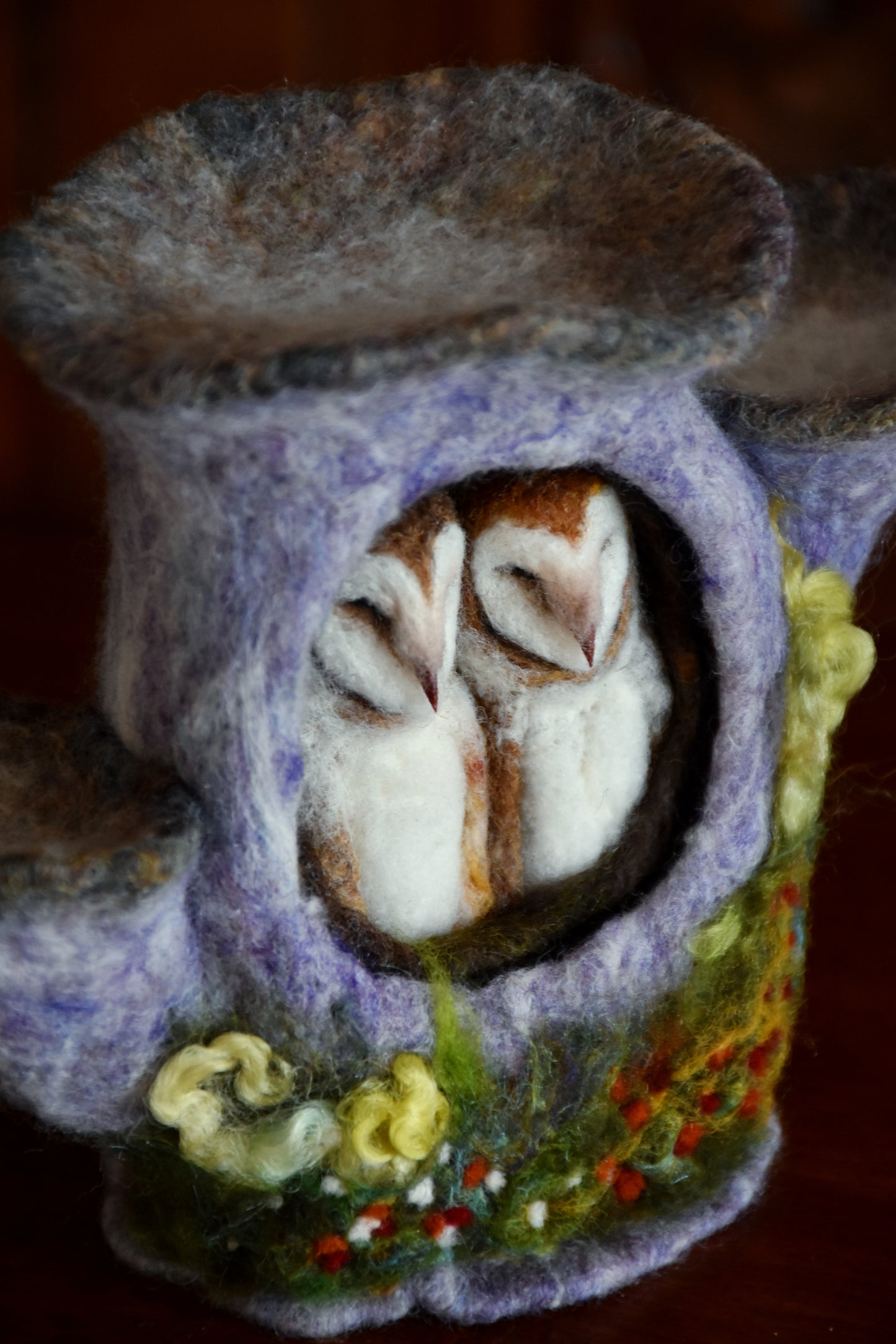 Needle Felted Couple of Barn Owls sleeping inside Mushroom
