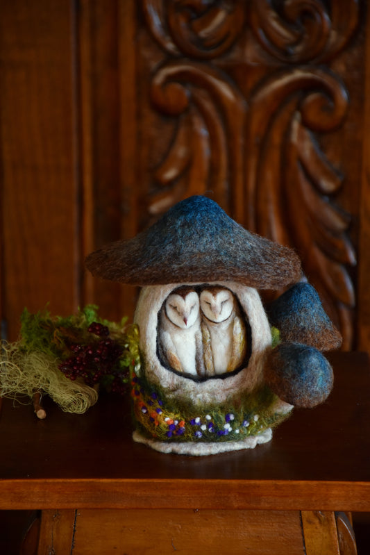 Needle Felted Couple of Barn Owls sleeping inside Mushroom