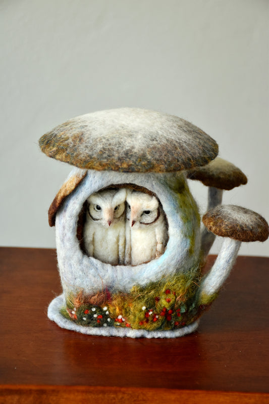 Needle Felted Couple of Barn Owls sleeping inside Mushroom