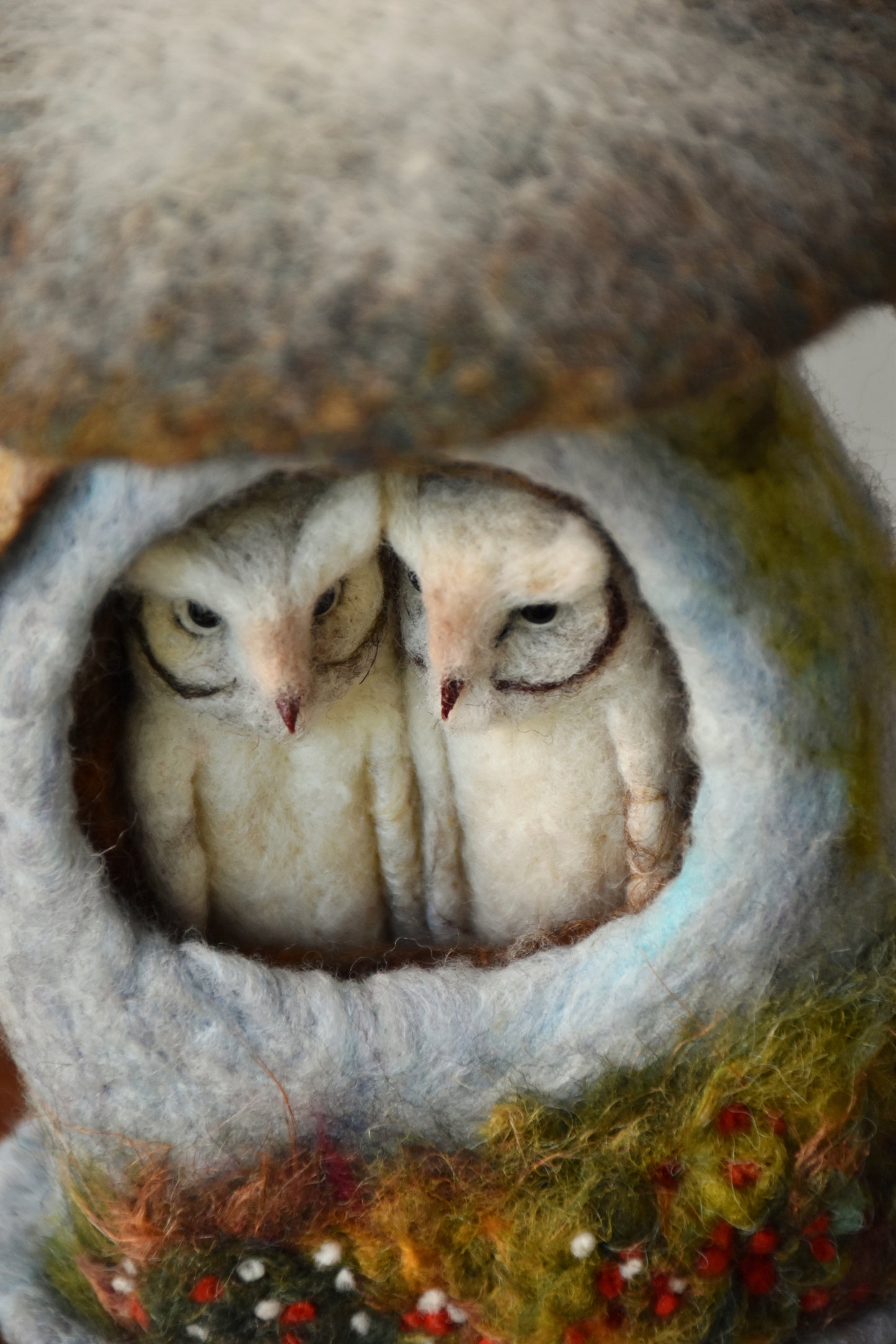 Needle Felted Couple of Barn Owls sleeping inside Mushroom