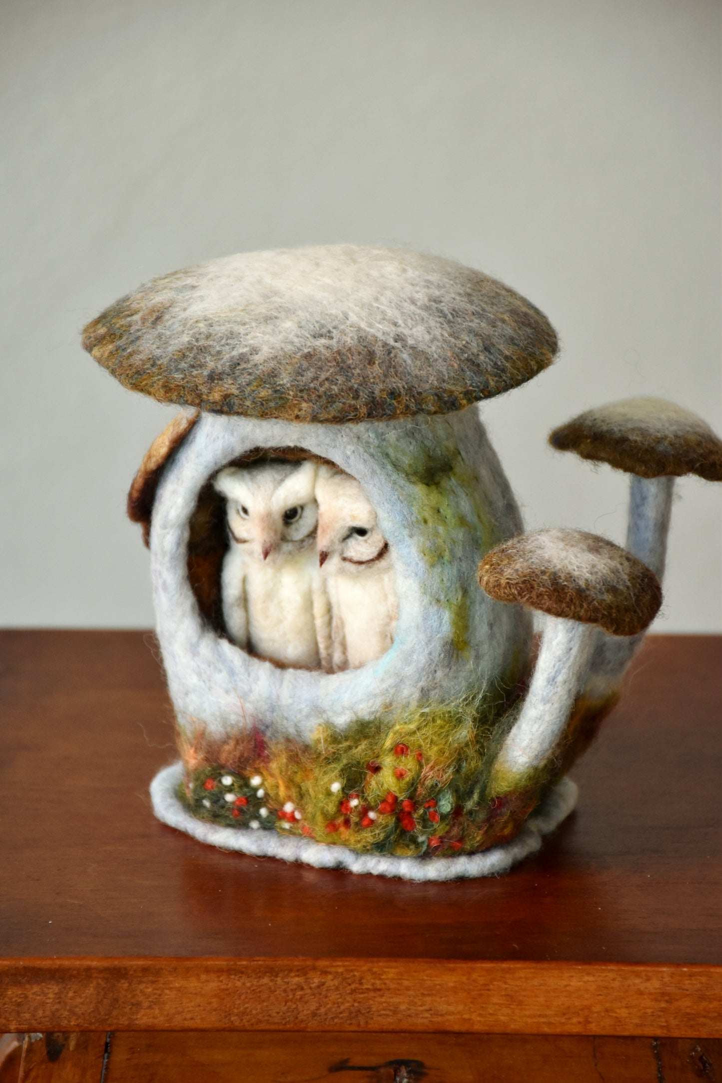 Needle Felted Couple of Barn Owls sleeping inside Mushroom