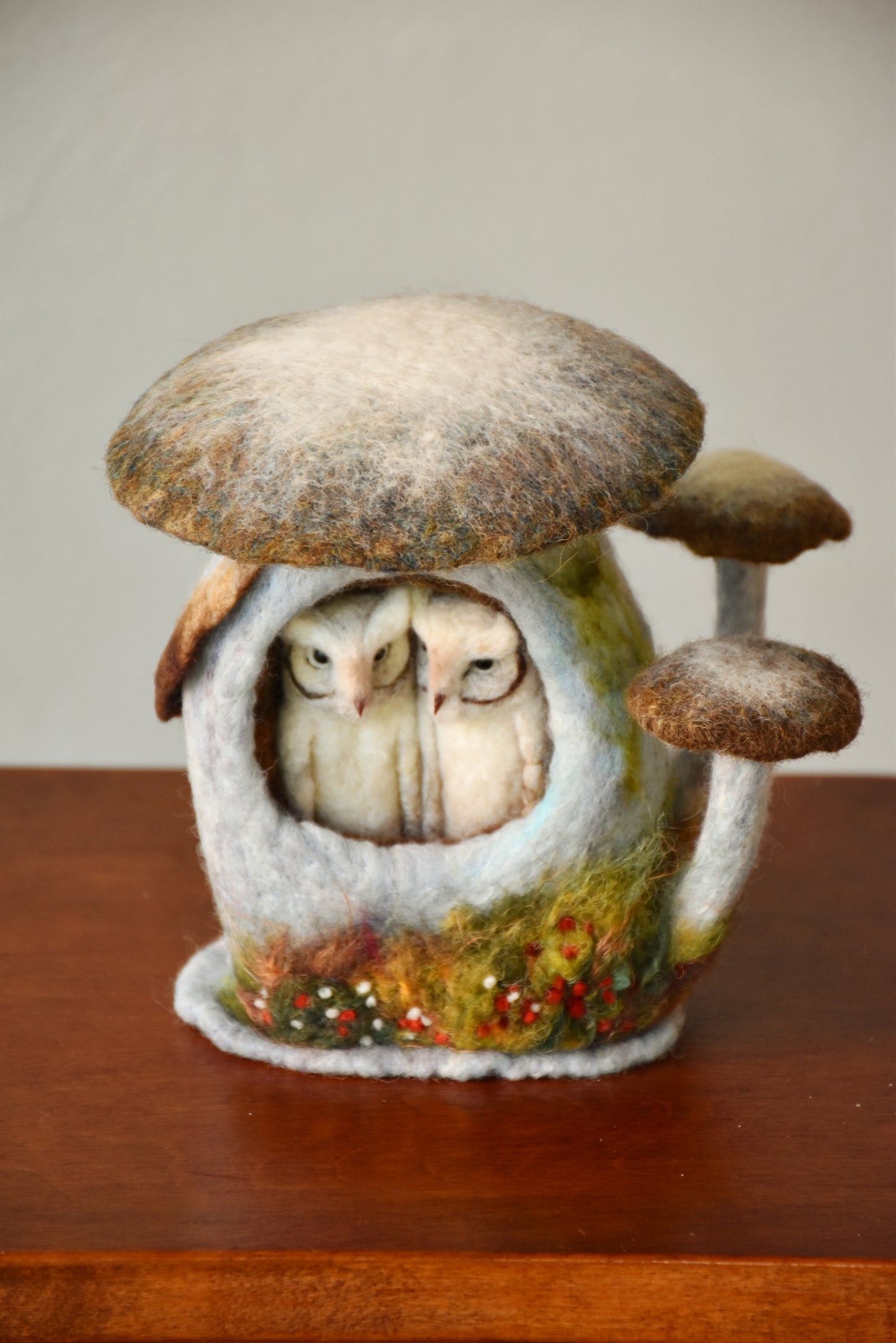 Needle Felted Couple of Barn Owls sleeping inside Mushroom