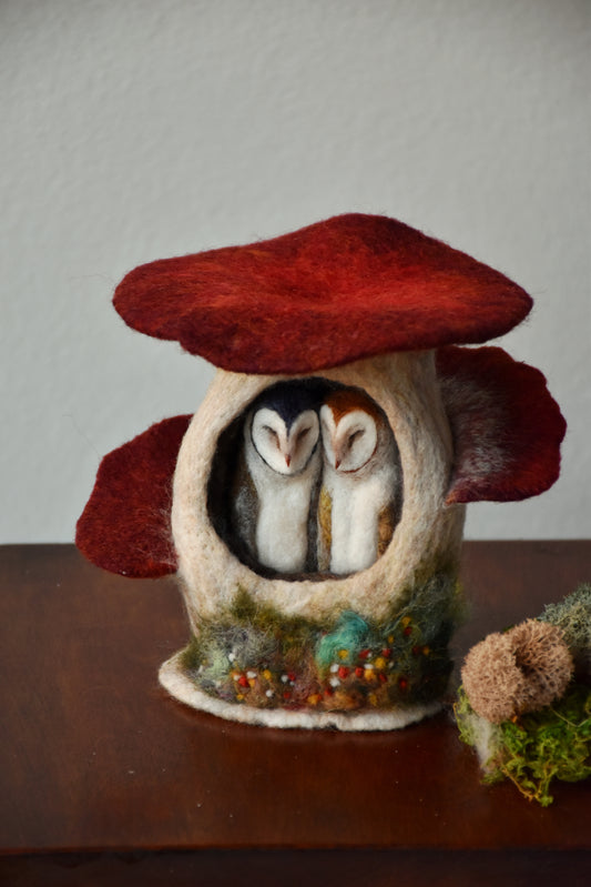 Needle Felted Couple of Barn Owls sleeping inside Mushroom