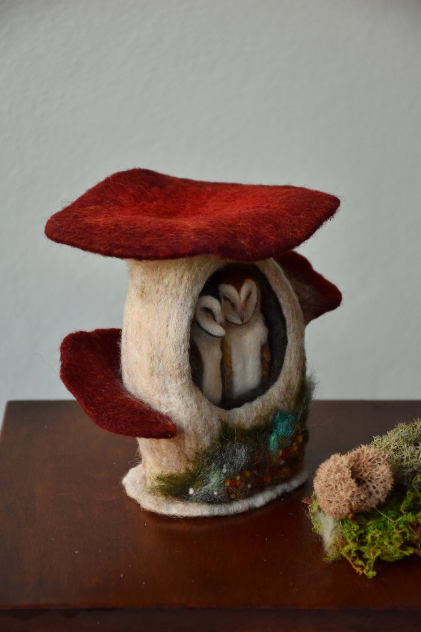 Needle Felted Couple of Barn Owls sleeping inside Mushroom