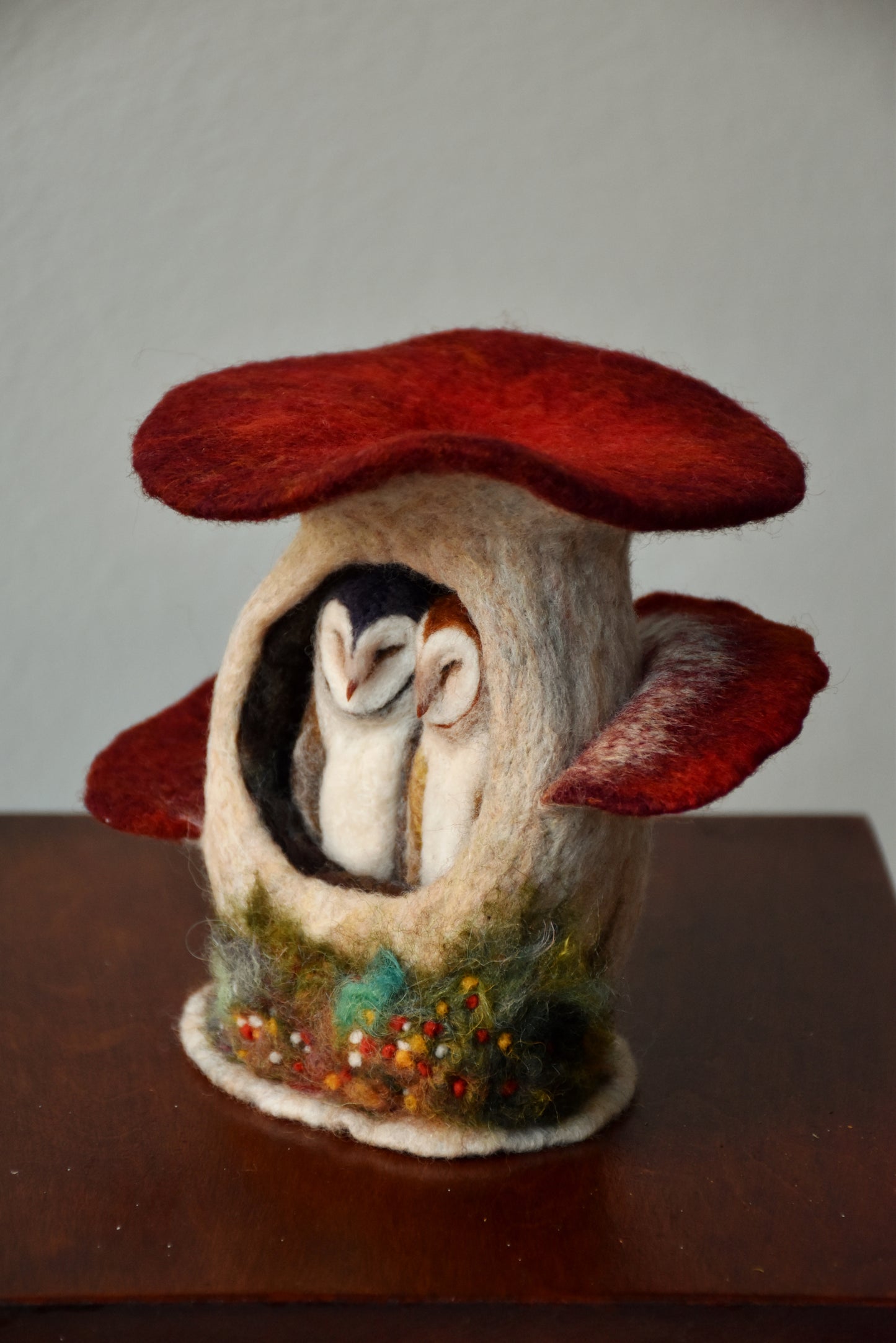 Needle Felted Couple of Barn Owls sleeping inside Mushroom