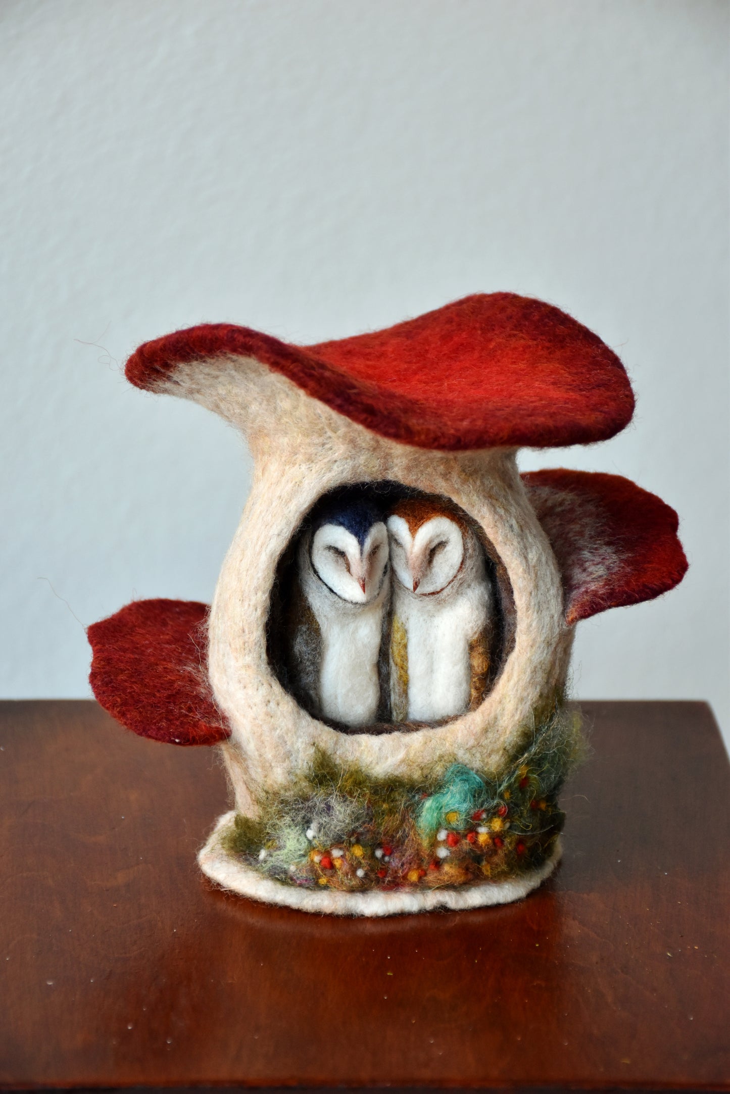 Needle Felted Couple of Barn Owls sleeping inside Mushroom