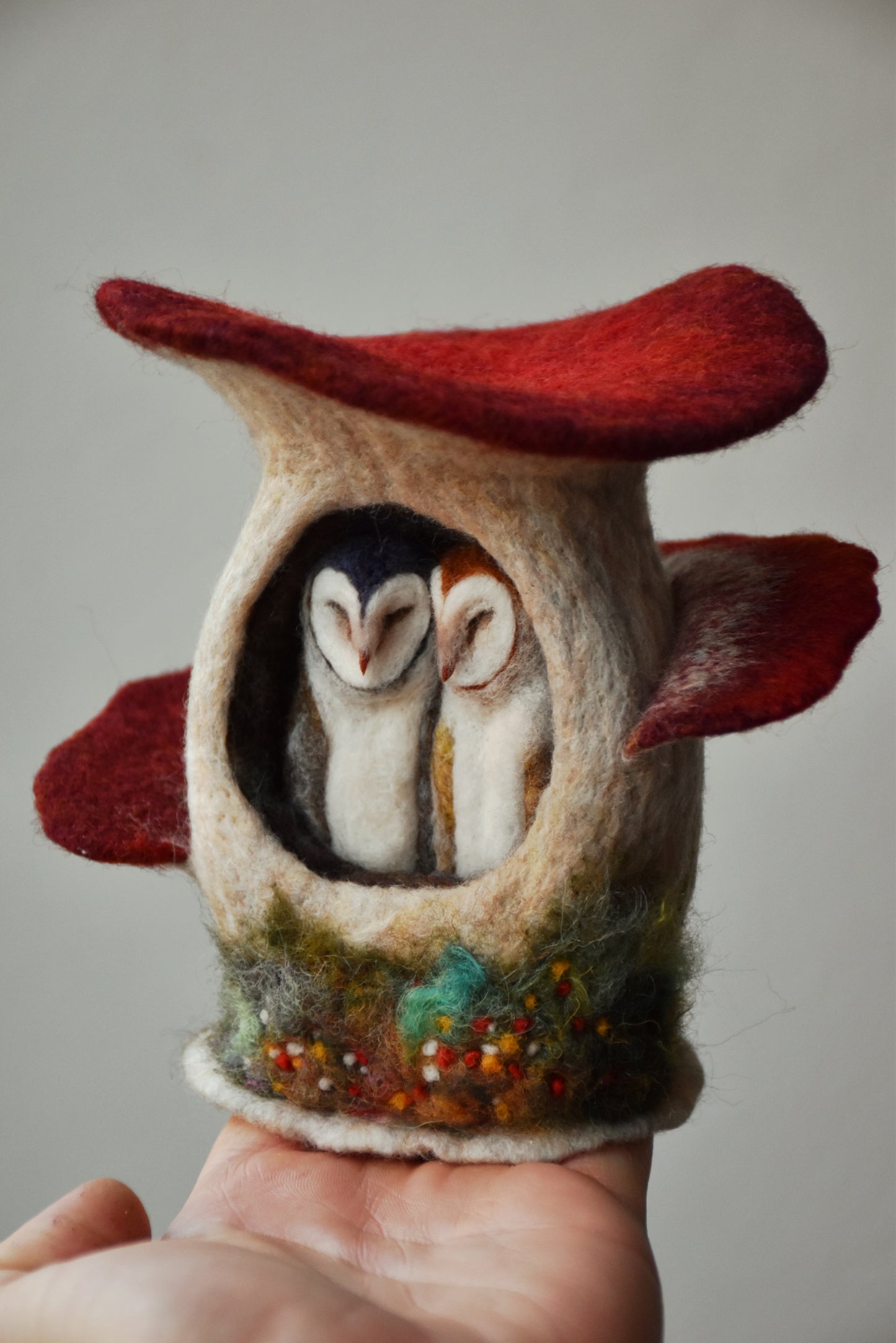 Needle Felted Couple of Barn Owls sleeping inside Mushroom