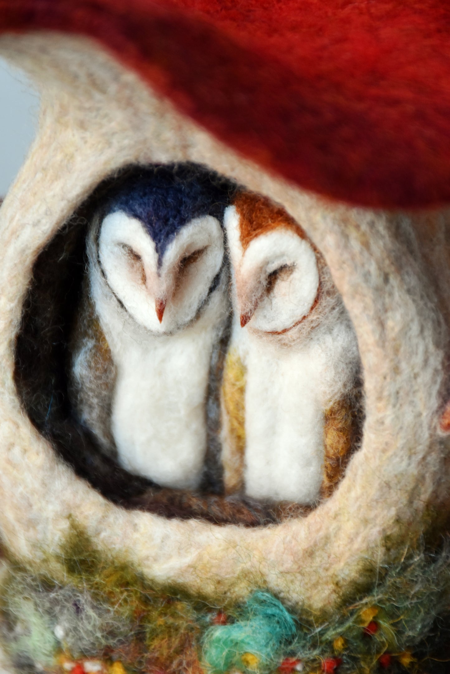 Needle Felted Couple of Barn Owls sleeping inside Mushroom