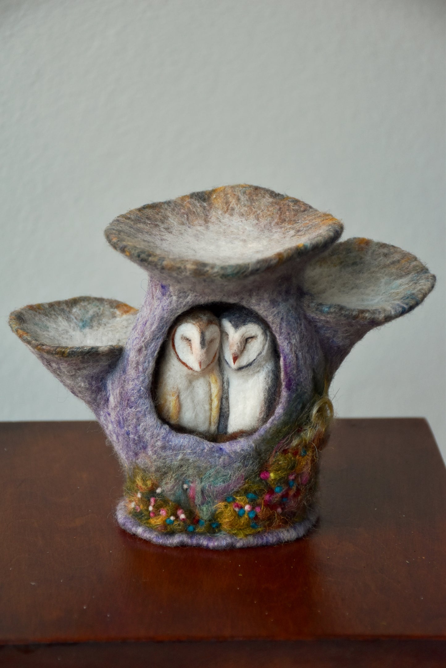 Needle Felted Couple of Barn Owls sleeping inside Mushroom
