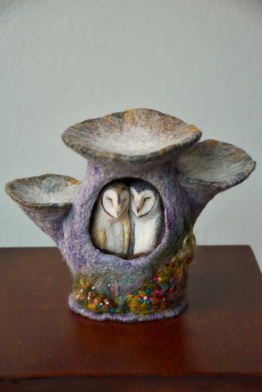 Needle Felted Couple of Barn Owls sleeping inside Mushroom