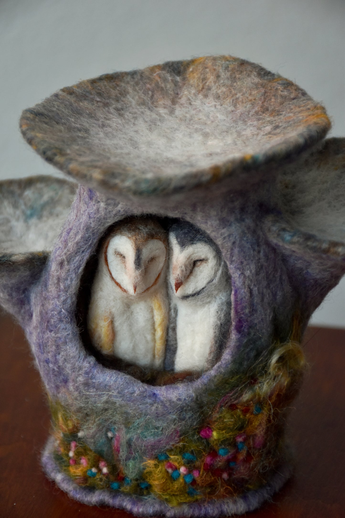 Needle Felted Couple of Barn Owls sleeping inside Mushroom