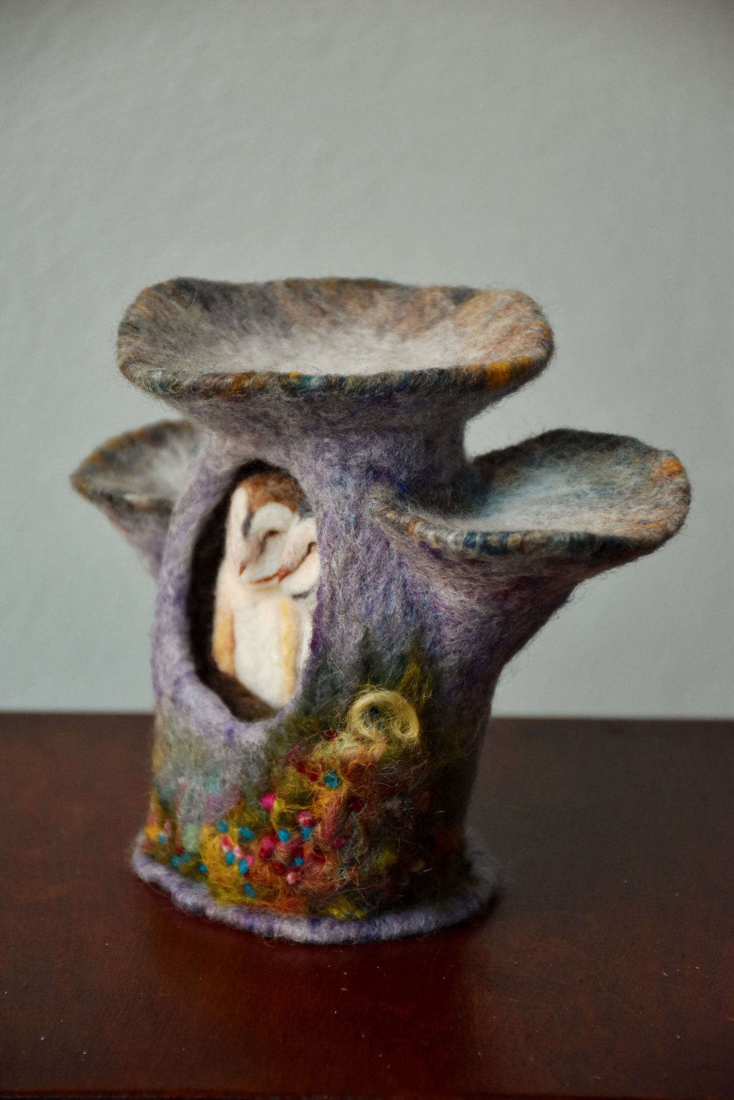 Needle Felted Couple of Barn Owls sleeping inside Mushroom