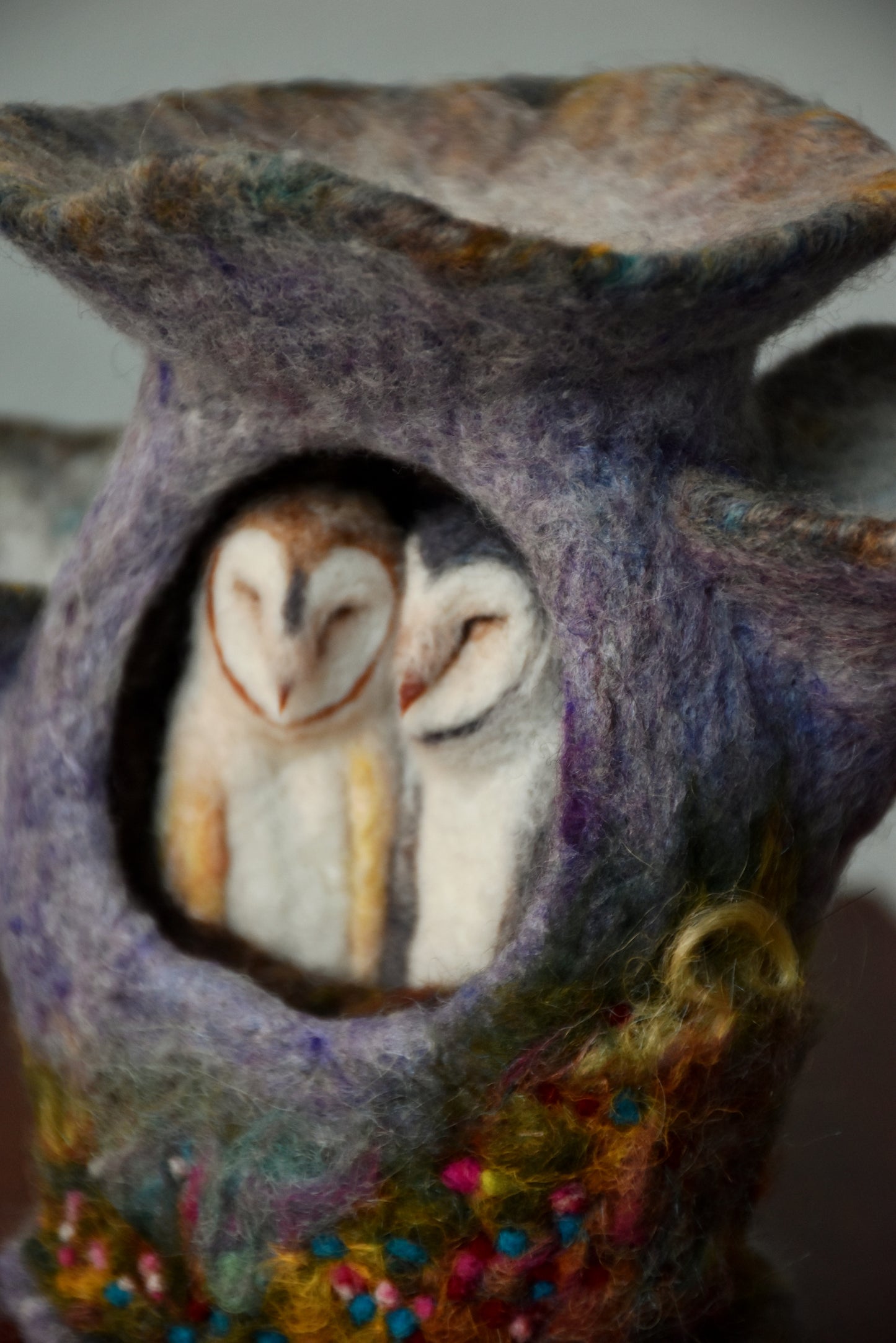 Needle Felted Couple of Barn Owls sleeping inside Mushroom