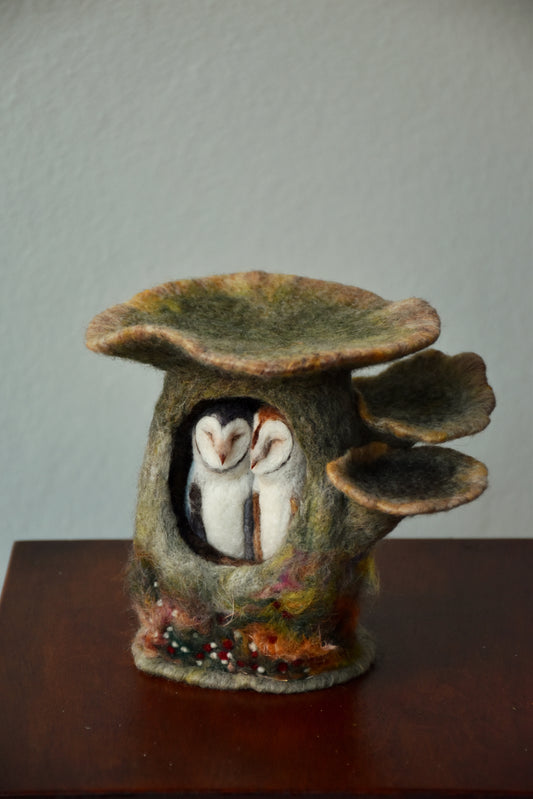 Needle Felted Couple of Barn Owls sleeping inside Mushroom