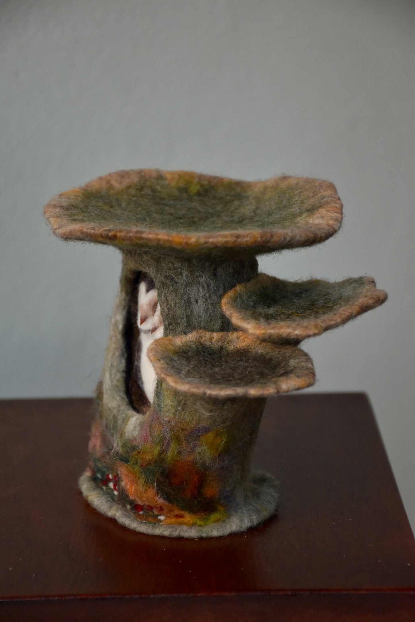 Needle Felted Couple of Barn Owls sleeping inside Mushroom