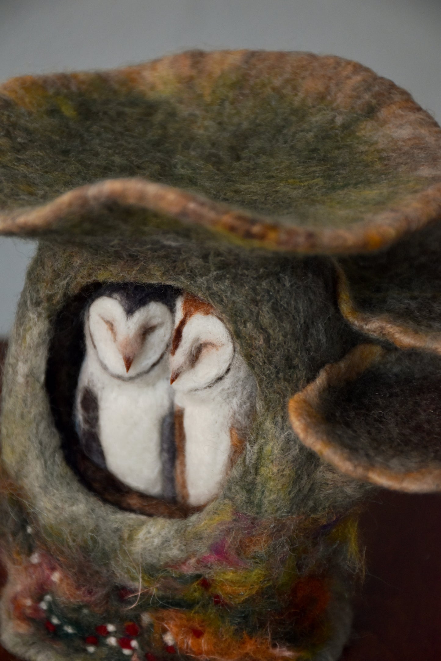 Needle Felted Couple of Barn Owls sleeping inside Mushroom