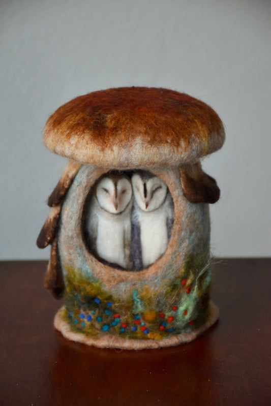 Needle Felted Couple of Barn Owls sleeping inside Mushroom