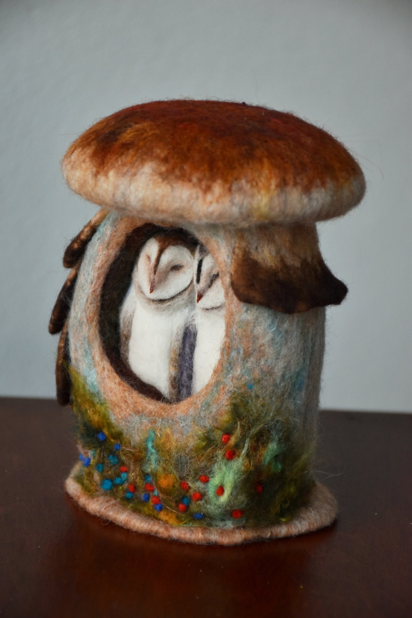 Needle Felted Couple of Barn Owls sleeping inside Mushroom