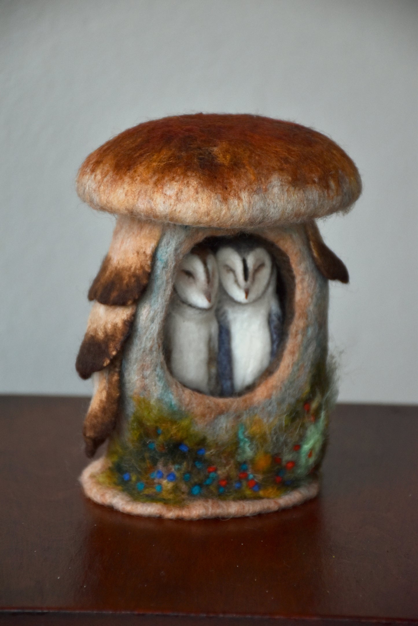 Needle Felted Couple of Barn Owls sleeping inside Mushroom