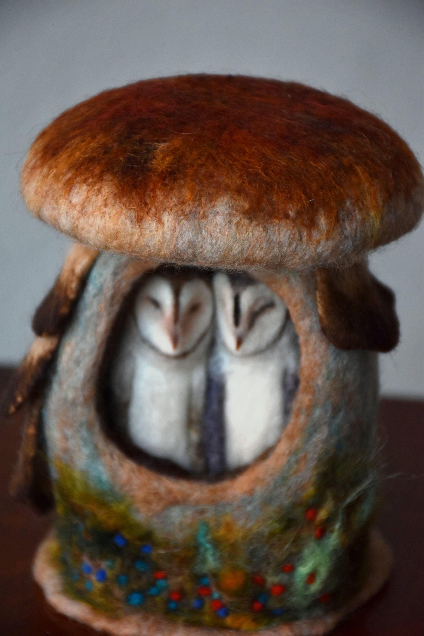 Needle Felted Couple of Barn Owls sleeping inside Mushroom