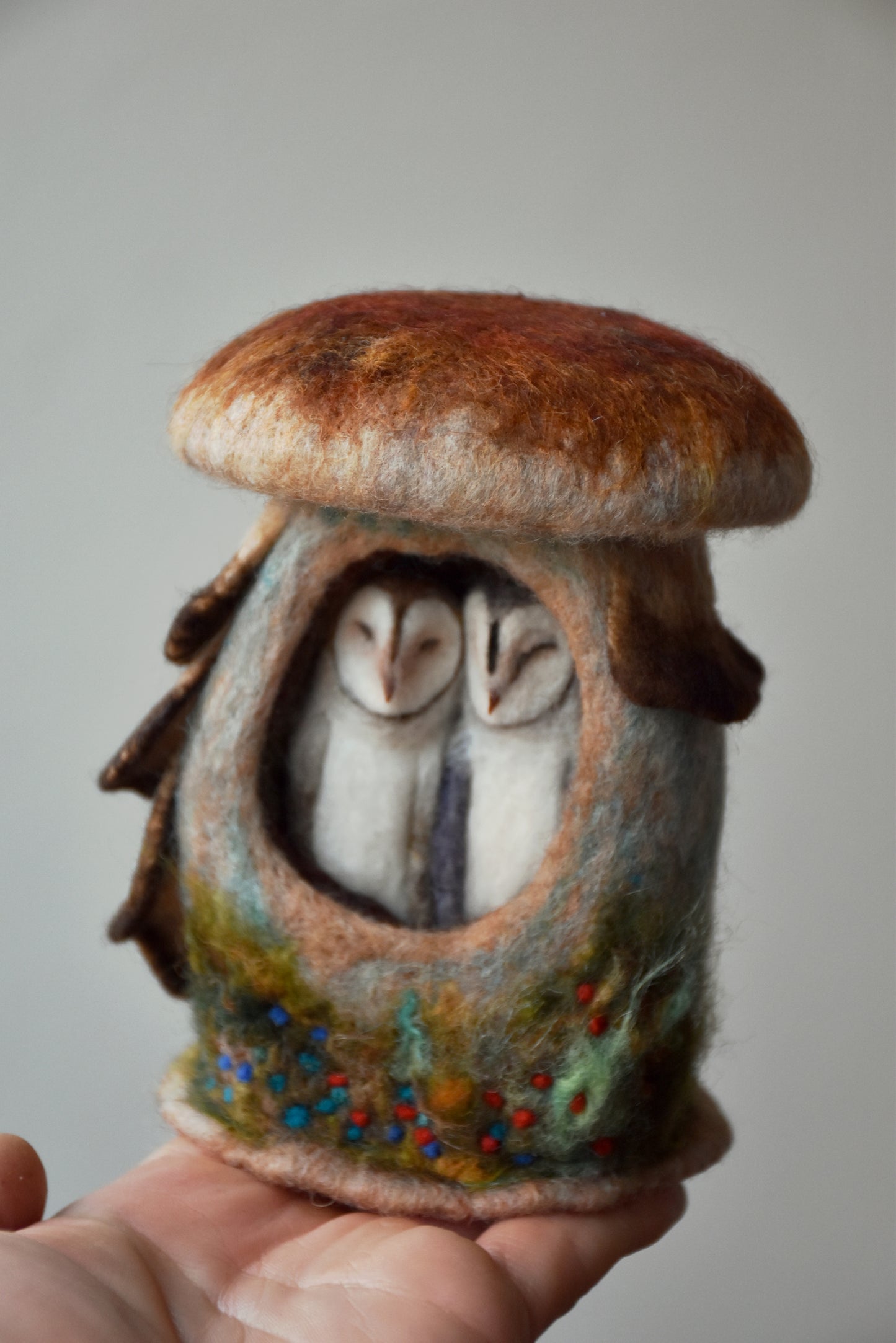 Needle Felted Couple of Barn Owls sleeping inside Mushroom